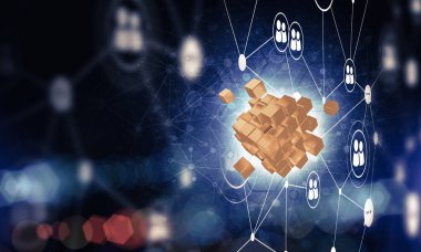 Küp şekli ve sosyal bağlantı çizgileri olan kavramsal arkaplan resmi. 3d oluşturma