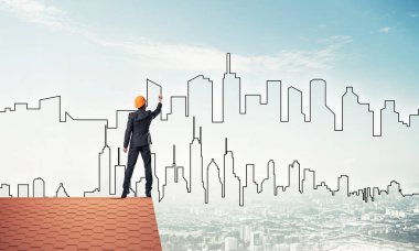 Mühendis, evinin çatısına geri döndü ve şehri çiziyor. Karışık ortam