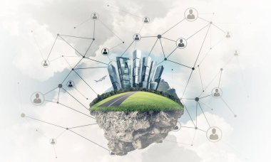 Gökyüzünde yükselen çimen ve şehir manzaralı güzel küçük bir ada.