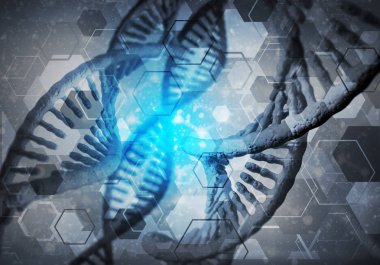 DNA molekülü araştırma konseptiyle arkaplan resmi. 3B görüntüleme