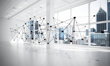 Noktalarla bağlantılı çizgiler ofis içi sosyal iletişim konsepti olarak. 3B görüntüleme