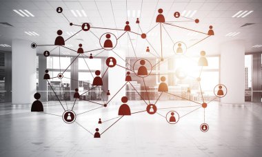 Noktalarla bağlantılı çizgiler ofis içi sosyal iletişim konsepti olarak. 3B görüntüleme