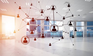 Noktalarla bağlantılı çizgiler ofis içi sosyal iletişim konsepti olarak. 3B görüntüleme