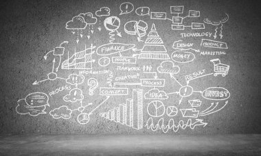 El iş planı bilgileri gri beton duvara çekilmiş.. 