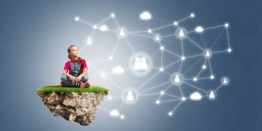 Ada ve sosyal bağlantı kavramı uçan üzerinde oturan sevimli kız