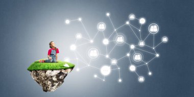 Ada ve sosyal bağlantı kavramı uçan üzerinde oturan sevimli kız