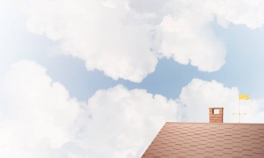 Kahverengi tuğla çatı baca mavi gökyüzü arka plan ile. Karışık teknik