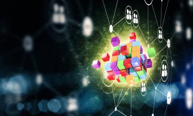 Küp şekli ve sosyal bağlantı çizgileri olan kavramsal arkaplan resmi. 3d oluşturma