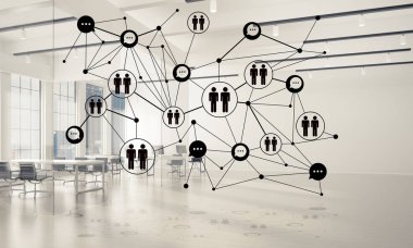 Noktalarla bağlantılı çizgiler ofis içi sosyal iletişim konsepti olarak. 3B görüntüleme