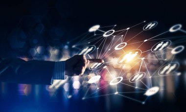 Koyu arkaplan üzerinde sosyal bağlantı çizgileri olan arkaplan kavramsal resmi