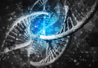 DNA molekülü araştırma konseptiyle arkaplan resmi. 3B görüntüleme