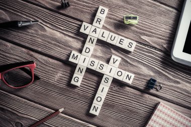 İş pazarlama kelimeleri çapraz bulmacada tahta küplerle toplandı