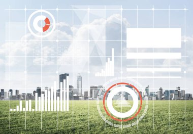 Ekranda medya simgelerine ve arka planda iş şehrine sahip modern teknolojiler kavramı