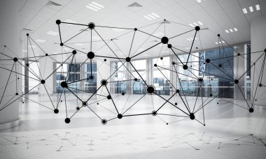 Noktalarla bağlantılı çizgiler ofis içi sosyal iletişim konsepti olarak. 3B görüntüleme