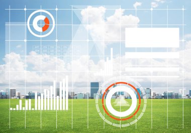 Ekranda medya simgelerine ve arka planda iş şehrine sahip modern teknolojiler kavramı
