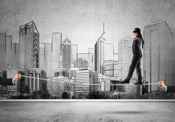 Businessman Blindfolder Eyes Walking Rope — Stock Photo, Image