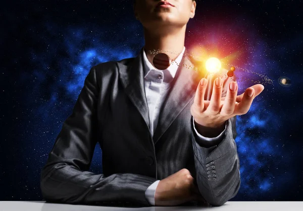 Businessman Suit Presenting Glowing Solar System His Hands Dark Cosmic — Stock Photo, Image