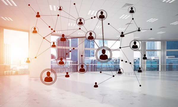 Noktalarla bağlantılı çizgiler ofis içi sosyal iletişim konsepti olarak. 3B görüntüleme