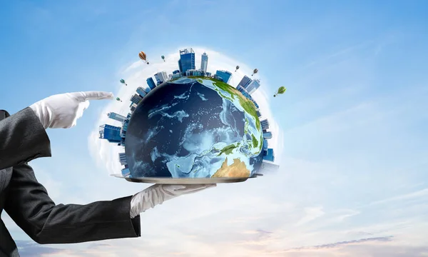 Cropped Image Waitress Hand White Glove Presenting Earth Globe Metal — Stock Photo, Image