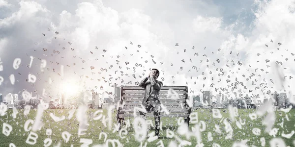 Young Shocked Businessman Sitting Wooden Bench Covering Eyes Palms — Stock Photo, Image