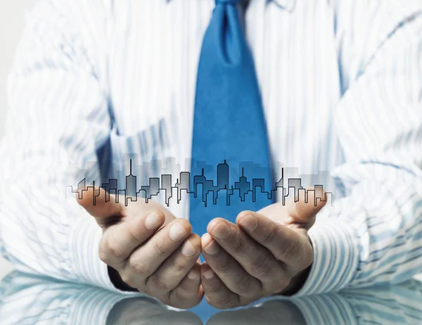 Businessman Sitting Table Presenting Real Estate Insurance Concept — Stock Photo, Image