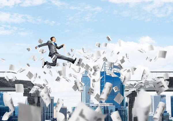 Businessman Jumping Gap Flying Paper Documents Concrete Bridge Symbol Overcoming — Stock Photo, Image