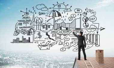 İş başarı planı çizim arka olan genç adam. Karışık teknik