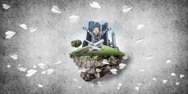 Eko kavramı yüzen ada ve kitap üzerinde oturan kızla mutlu bir çocukluk