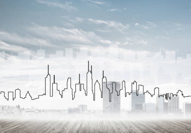 Elle çizilmiş siluet modern şehir manzarasının üzerinde kuleler ve gökdelenlerle