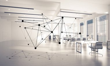 Noktalarla bağlantılı çizgiler ofis içi sosyal iletişim konsepti olarak. 3B görüntüleme