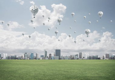 Binalar ve balon gökyüzünde ile modern cityscape