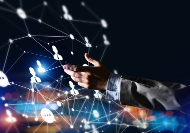 Koyu arkaplan üzerinde sosyal bağlantı çizgileri olan arkaplan kavramsal resmi