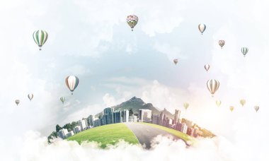 Gökyüzünde bulutların üzerinde yüzen binalar ve gökdelenlerle modern şehir manzarası