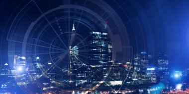 Gece parlayan şehre karşı sanal arayüzü olan arkaplan kavramsal görüntüsü