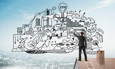 İş başarı planı çizim arka olan genç adam. Karışık teknik