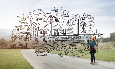 Açık havada mühendis kadının arka planı ve ekrana konsept çizimi