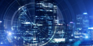 Gece parlayan şehre karşı sanal arayüzü olan arkaplan kavramsal görüntüsü