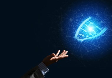 Dna molekülü araştırma kavram olarak sunulması iş adamı el kapatın. Karışık teknik