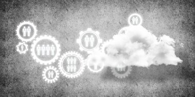 Çarklı arkaplan resmi ve beton duvarda bulut hesaplama bağlantısı kavramı