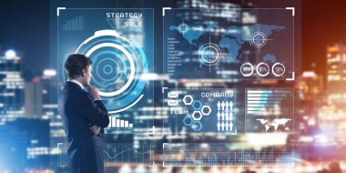 Sanal panelle çalışan iş adamlarının arka planı ve arka planda gece kenti