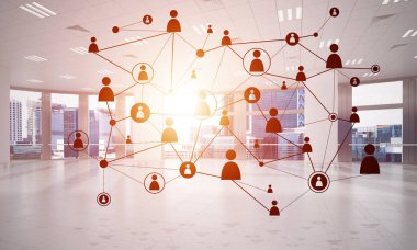 Noktalarla bağlantılı çizgiler ofis içi sosyal iletişim konsepti olarak. 3B görüntüleme
