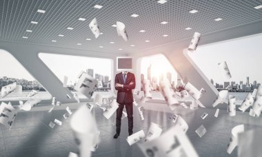 İş yerine silah tutmak kafa İzleyicisi ile takım elbiseli adamı duran kağıtları ofis binası içinde uçan arasında geçti. 3D render.