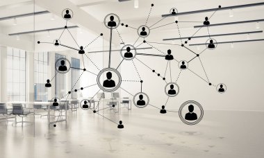 Noktalarla bağlantılı çizgiler ofis içi sosyal iletişim konsepti olarak. 3B görüntüleme