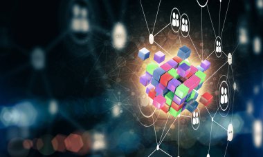 Küp şekli ve sosyal bağlantı çizgileri olan kavramsal arkaplan resmi. 3d oluşturma