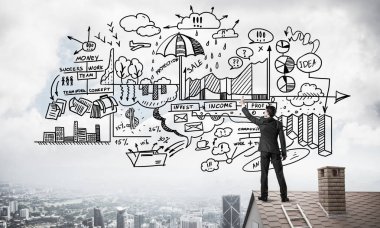 İş başarı planı çizim arka olan genç adam. Karışık teknik