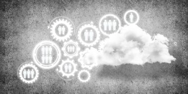 Çarklı arkaplan resmi ve beton duvarda bulut hesaplama bağlantısı kavramı