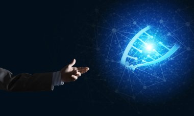 Dna molekülü araştırma kavram olarak sunulması iş adamı el kapatın. Karışık teknik