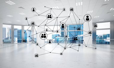 Noktalarla bağlantılı çizgiler ofis içi sosyal iletişim konsepti olarak. 3B görüntüleme