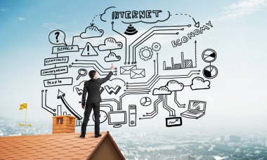 İş başarı planı çizim arka olan genç adam. Karışık teknik