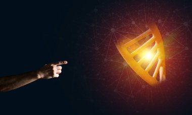 Dna molekülü araştırma kavram olarak sunan adam el kapatın. Karışık teknik